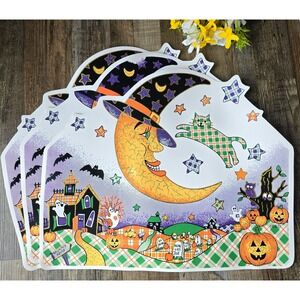 Vintage Halloween Placemats Set of 3 90s B&D Spooky Moon Cat Haunted House Decor